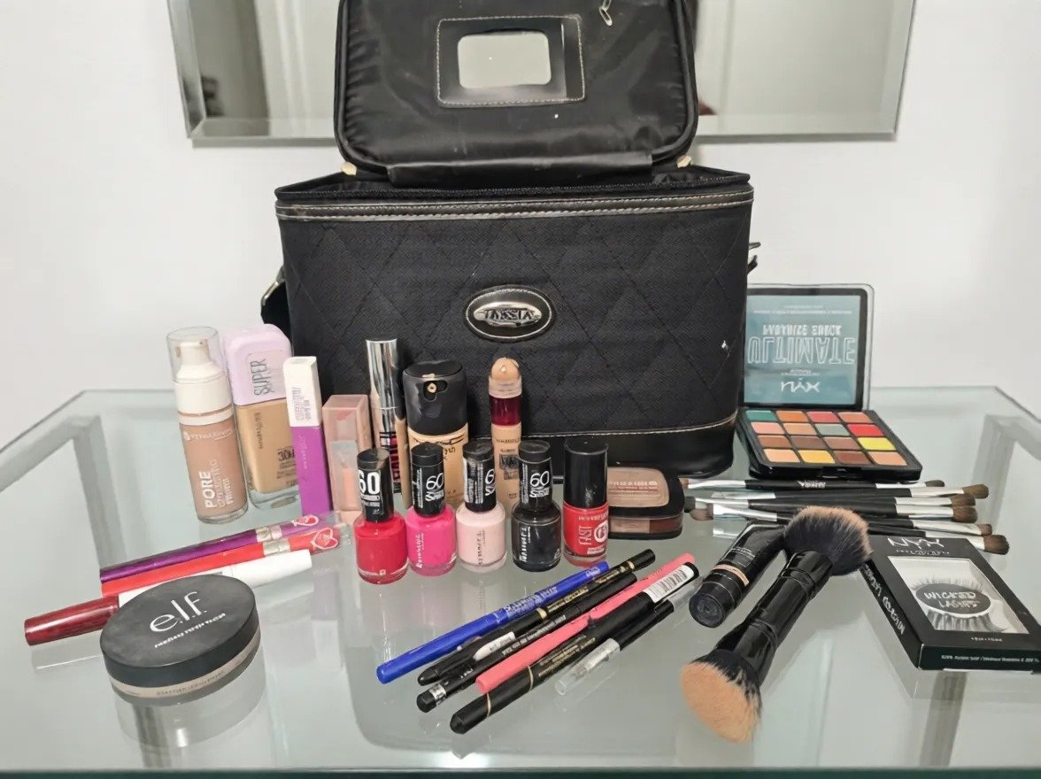 An open black makeup case with cosmetics, nail polish, an eyeshadow palette and brushes arranged on a glass table.