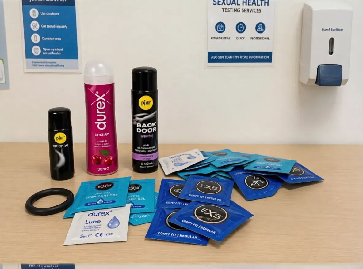 Condom packets and lubricant products on a table with sexual-health information posters behind them.