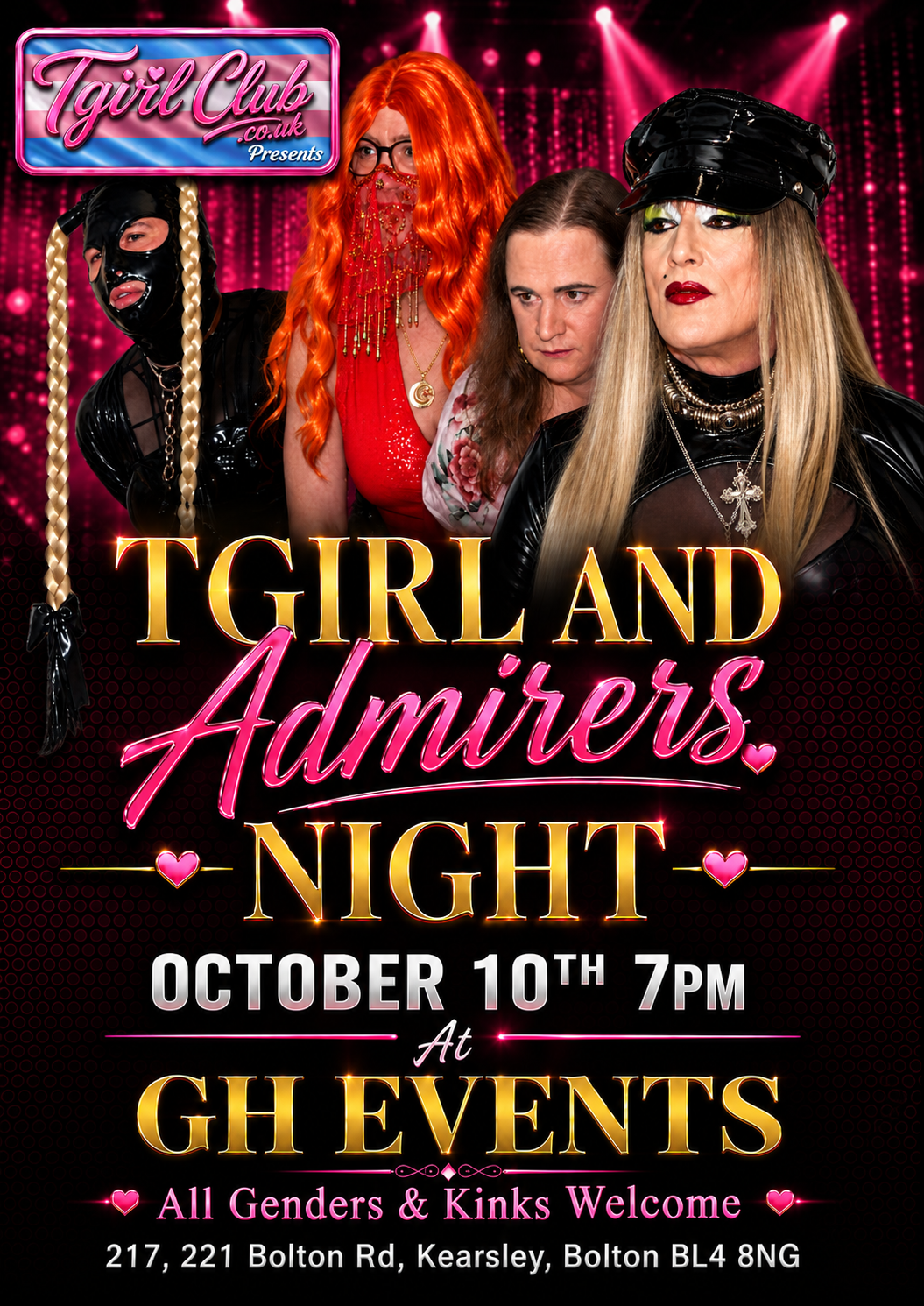 Tgirl Clubs Tgirl and Admirers Night poster: 10 October 2026, 7pm, GH Events. Full event details are provided alongside.
